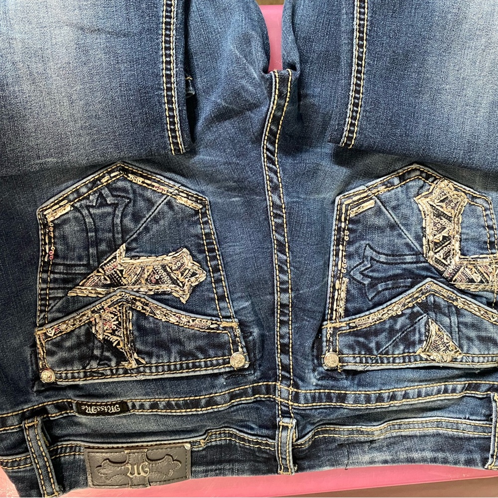 BKE Women's Straight Leg Jeans - Dark Blue with Embroidered Details